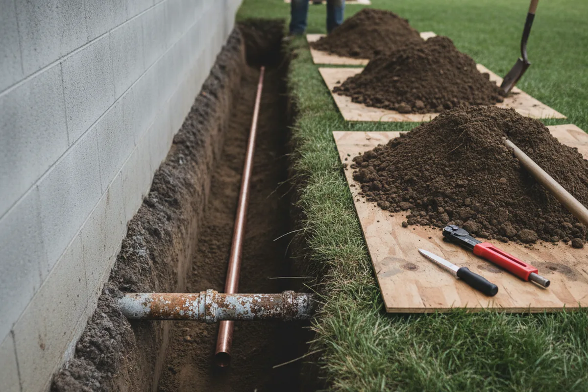 Excavated water line trench during Water Heater Repair in Mount Enterprise